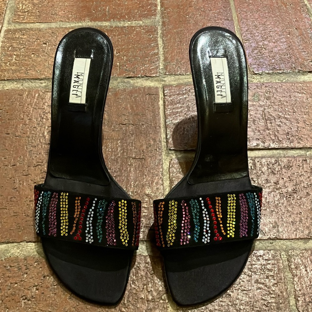 Monica Magli black multicolor sparkly high heel slides